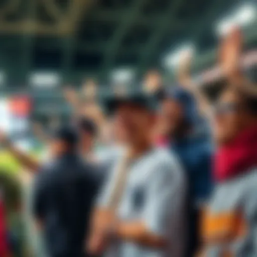 A group of baseball fans enthusiastically participating in the ladder cashing game at a stadium.