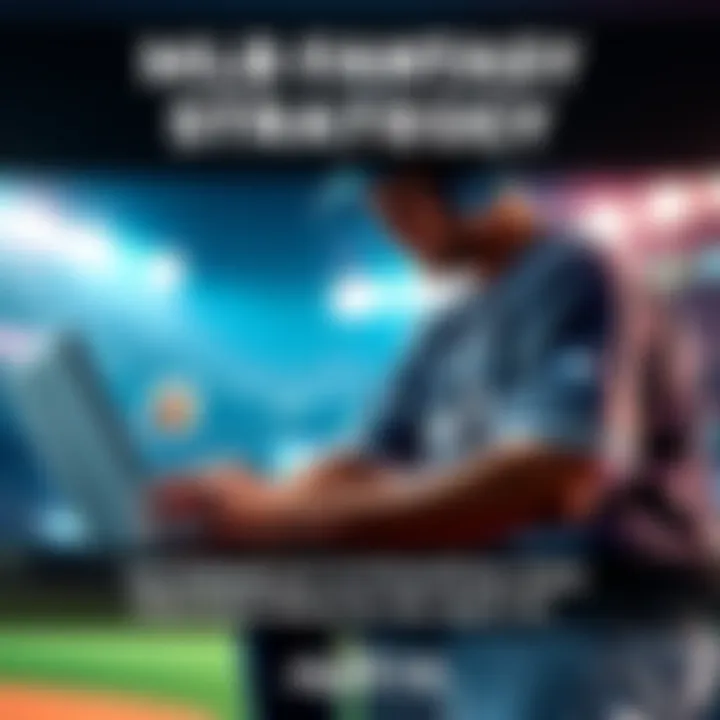 A baseball player in action while analyzing stats on a laptop, symbolizing fantasy sports strategies for MLB.