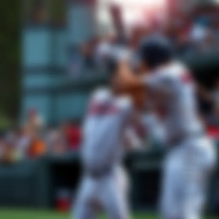 Baseball players celebrating a home run during a game, with fans cheering in the background.