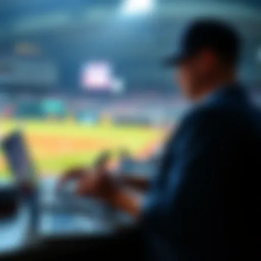 A baseball analyst reviewing pitcher statistics on a laptop during a game.
