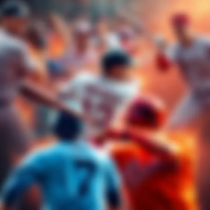 A collage of MLB players in action, showcasing their performance on the field with statistics overlay, including batting and pitching stats.