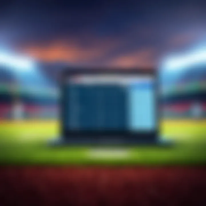 A baseball field with a laptop displaying stats and player information for PrizePicks