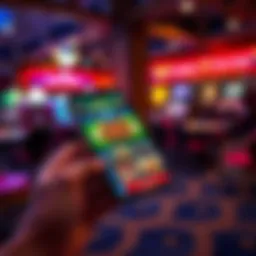 A person holding a smartphone displaying an online casino app with colorful graphics and game options, showing a relaxed gambling environment.