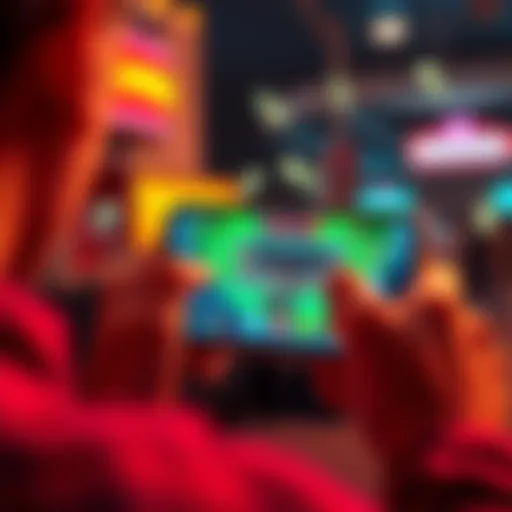 A person using a smartphone to play a mobile game, with money symbols around to represent earnings, focusing on a simple strategy for profits.