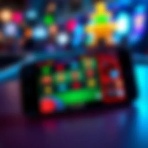A smartphone displaying a colorful mobile casino app interface with slots and blackjack games.