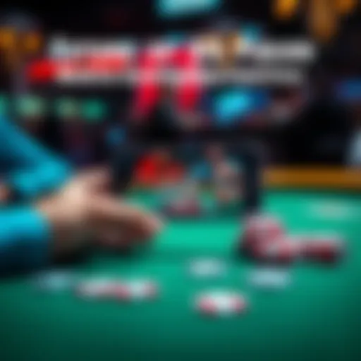 A person playing online poker on a smartphone with poker chips and cards on the table