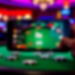 A smartphone displaying a poker game with a heads-up display showing player stats and game details.