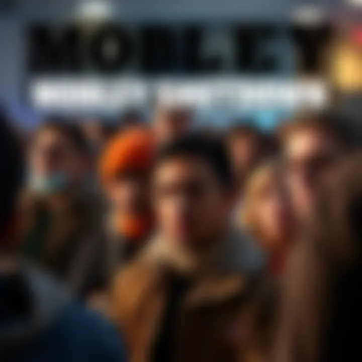 A concerned crowd discussing the potential shutdown of Mobley, with expressions of concern and curiosity on their faces.