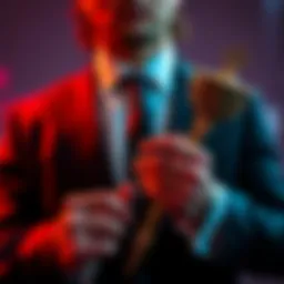 A person in a suit holding a scepter, symbolizing modern power and authority.