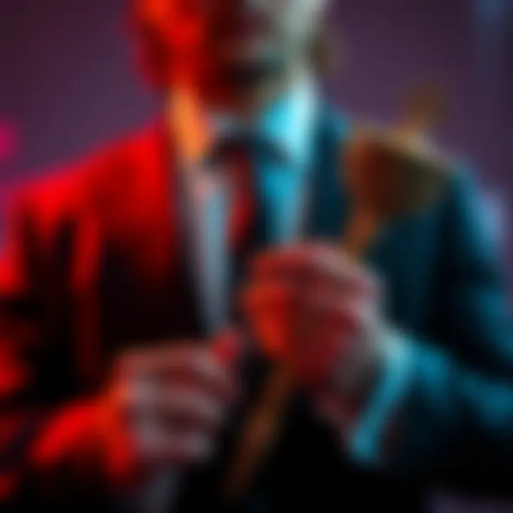 A person in a suit holding a scepter, symbolizing modern power and authority.