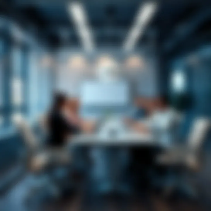 A diverse group of HR professionals discussing strategies around a conference table with laptops and papers.