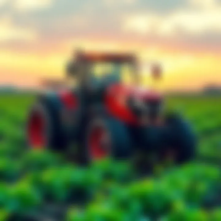 Modern Tractor in a Field A modern tractor equipped with smart technology working on a farm field, surrounded by crops.