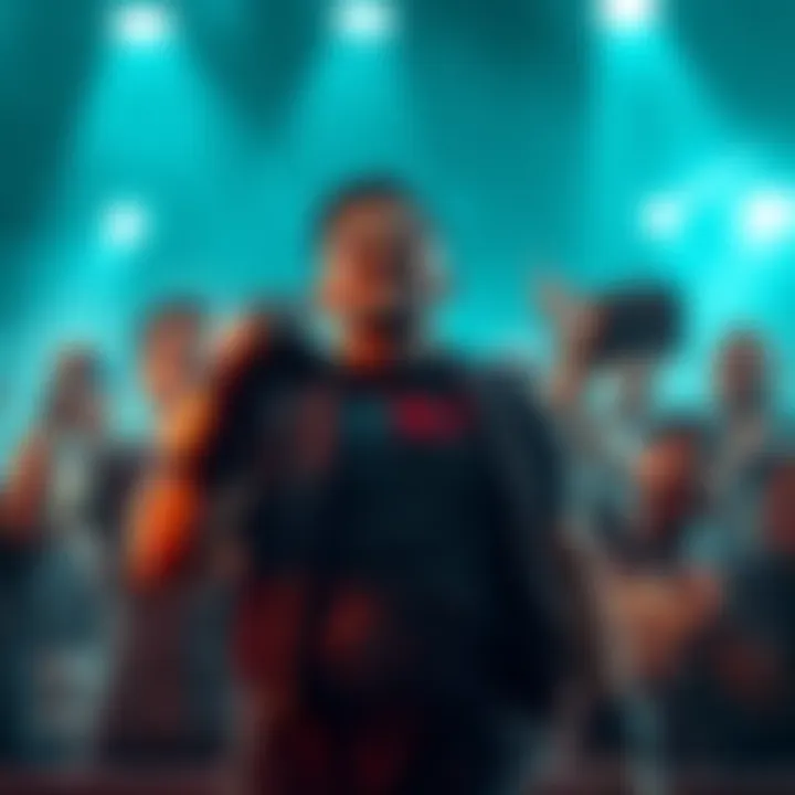 Moicano confidently announcing his upcoming fight, surrounded by excited fans showing support and enthusiasm