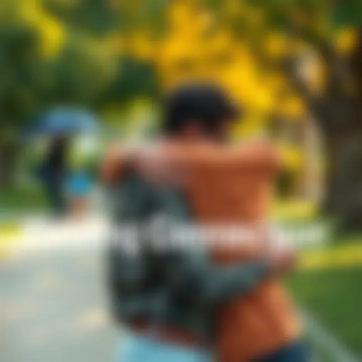 Two people sharing a comforting embrace in a park, expressing support and relief during tough times.