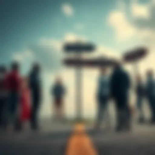 A group of diverse people standing at a crossroads, looking determined as they face signs pointing toward various paths, symbolizing opportunities for change.