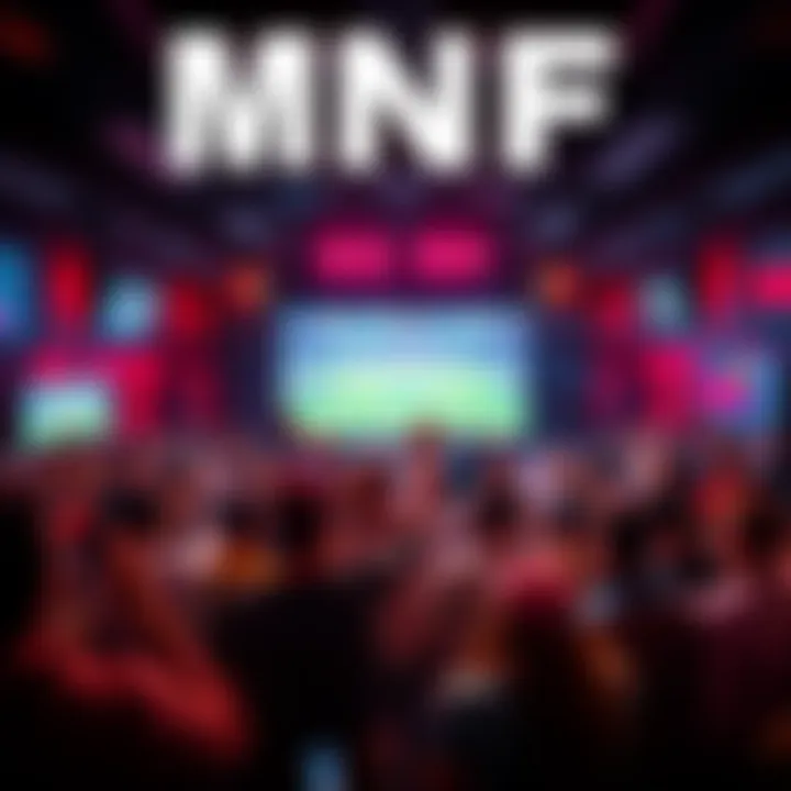 A large crowd of fans cheering and watching Monday Night Football on a big screen in a lively sports bar.