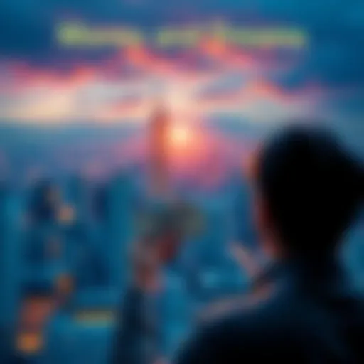 A person gazing at a city skyline while holding dollar bills, symbolizing the connection between money and aspirations.