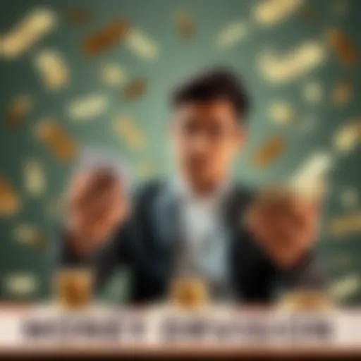 A person weighing options between cashing out small profits or risking for larger gains with money symbols around them.