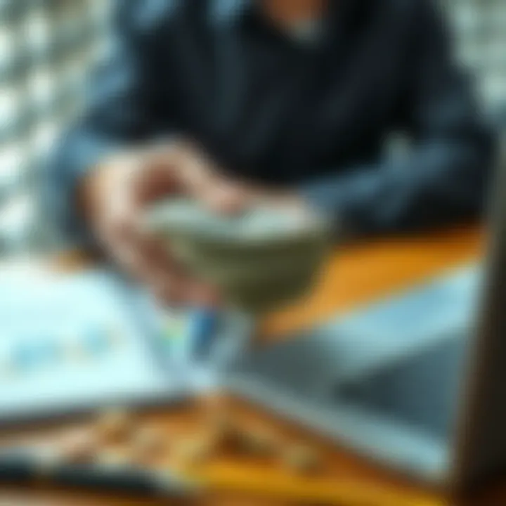A person holding a stack of cash with a notebook and a laptop on the table, symbolizing income strategies.