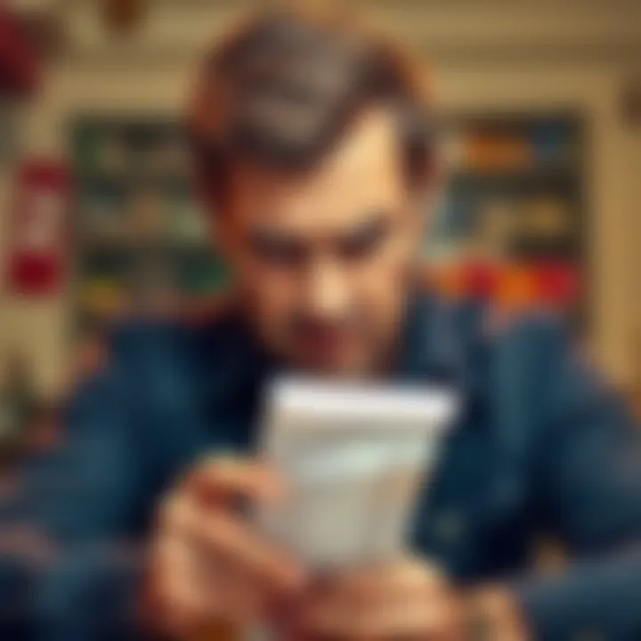 A person looking distressed while holding a receipt and counting coins, symbolizing financial loss due to poor choices.