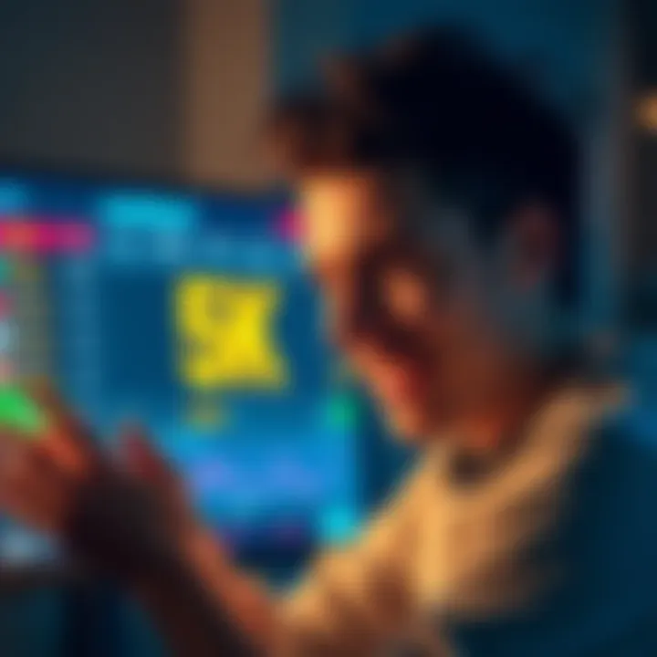 A person looking disappointed while checking their online betting account, with a screen showing a $5k loss on Rainbet.