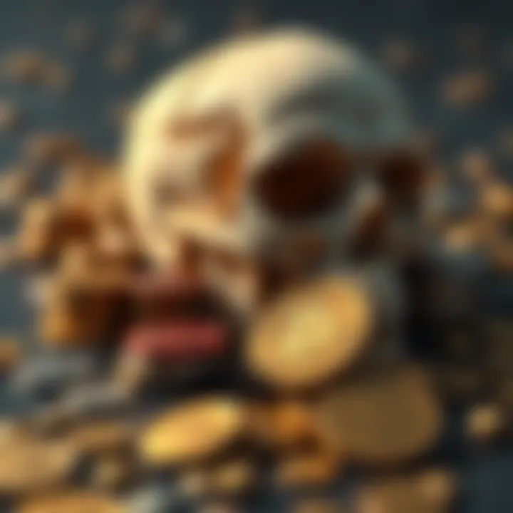 A juxtaposition of a pile of coins and a skull, representing wealth and death, illustrating their influence on culture.