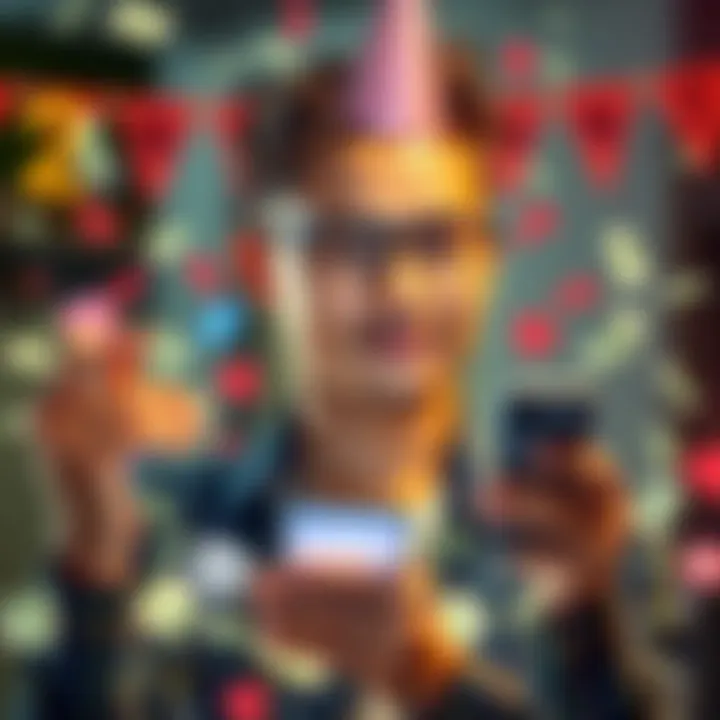 A young person celebrating their 21st birthday with a smartphone, surrounded by money and app icons, representing earning opportunities.