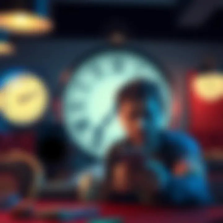 A frustrated player looking at their phone, waiting for a withdrawal from Monopoly Casino, with a clock showing the passage of time in the background.