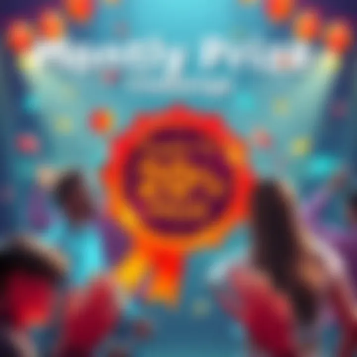 A graphic showing people guessing a monthly amount for a prize contest, with a prize symbol and cheerful elements.