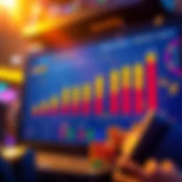 A chart showing monthly gambling results, including profits, losses, VIP levels, and bonuses, with colorful graphics depicting engagement and community sharing.