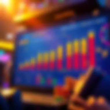 A chart showing monthly gambling results, including profits, losses, VIP levels, and bonuses, with colorful graphics depicting engagement and community sharing.