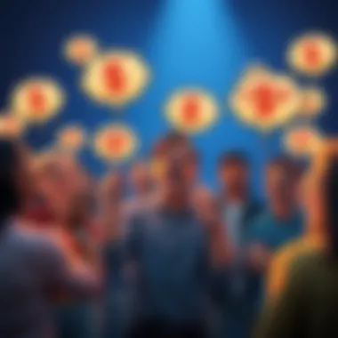 A graphic showing people excitedly guessing amounts with thought bubbles containing dollar signs, symbolizing a fun competition for a $20 tip.