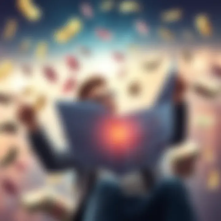 A person excitedly reviewing their financial documents and celebrating a big bonus, surrounded by symbols of money and success.