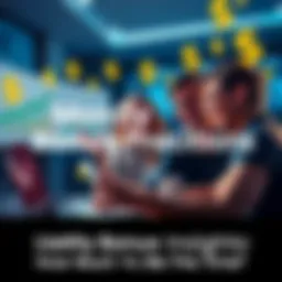 Monthly Bonus Predictions A person reviewing their earnings on a laptop, excitedly discussing potential bonus amounts with friends, surrounded by charts and dollar signs.