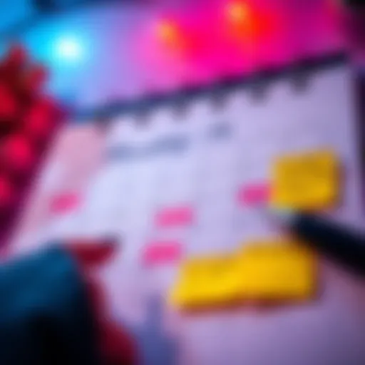 A calendar page marked for a monthly check-in, with notes and reminders highlighted in bright colors.