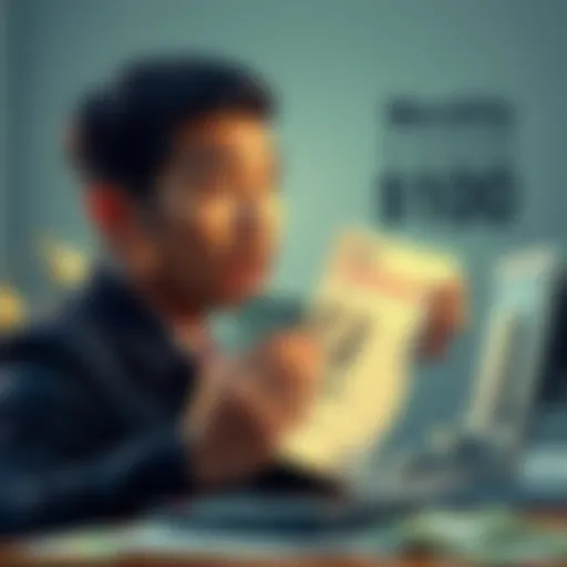 A person looking at a financial report with a shocked expression, holding $100 in hand, surrounded by bills and a calculator.