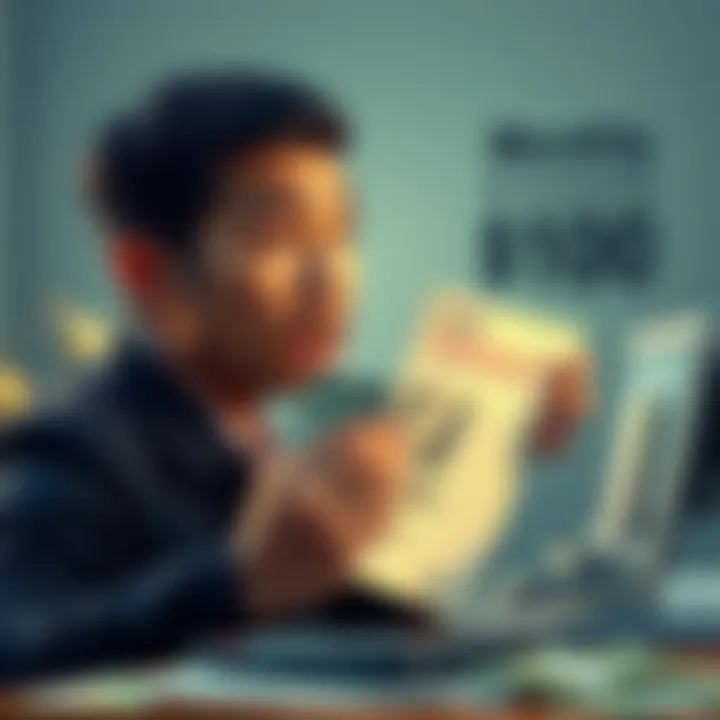 A person looking at a financial report with a shocked expression, holding $100 in hand, surrounded by bills and a calculator.