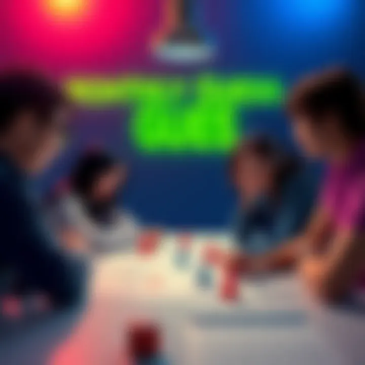 A group of friends gathered around a table, discussing tips for the Monthly Guess game on Plat 2, with game pieces and a score sheet in view.