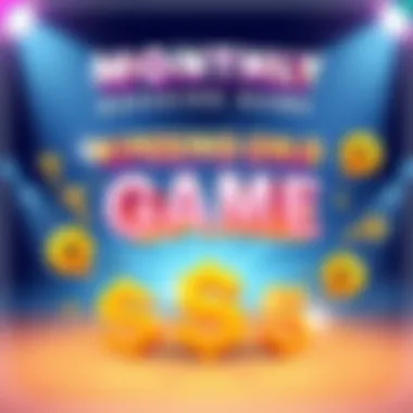 A colorful graphic inviting people to join a monthly guessing game with the chance to win $25, featuring playful elements like question marks and dollar signs.