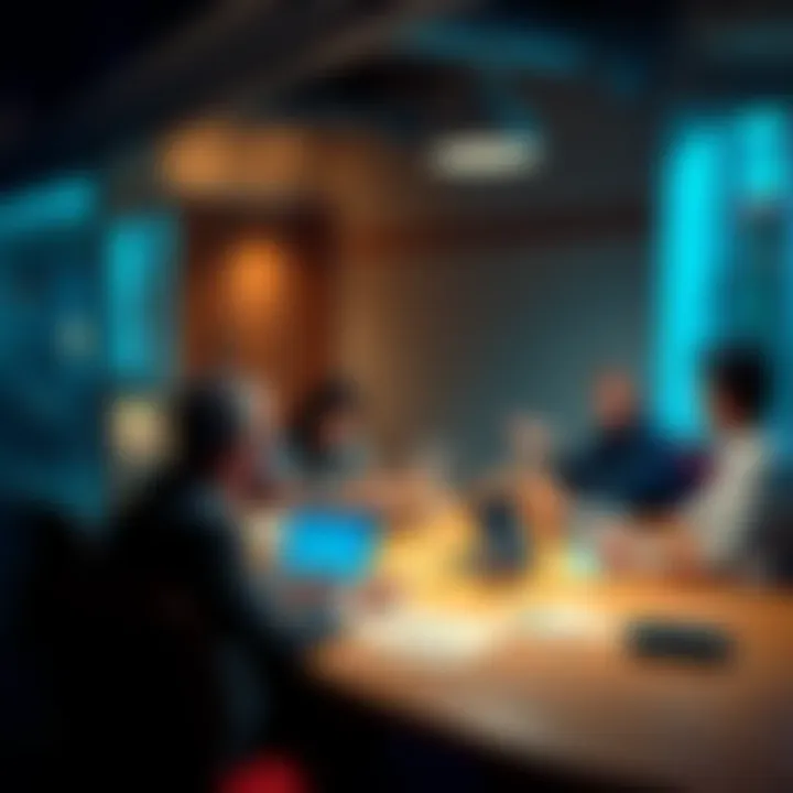 Group of people brainstorming ideas for monthly posts around a table with notes and laptops.