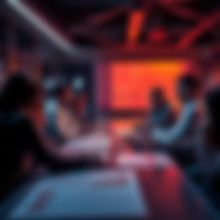 A group of people gathered around a table discussing their predictions for the month ahead, with charts and notes in front of them.