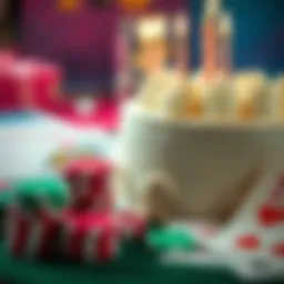 A close-up of a birthday cake next to gambling chips and cards, representing monthly wagering methods and their impact on returns.