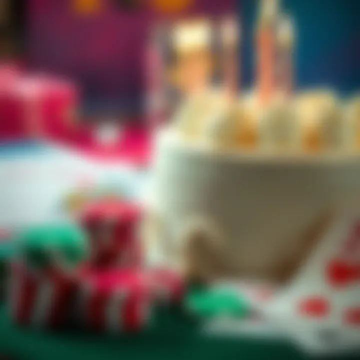 Monthly Wagering Strategies A close-up of a birthday cake next to gambling chips and cards, representing monthly wagering methods and their impact on returns.