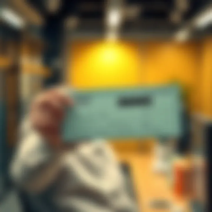 A person holding a paycheck with a bonus highlighted, looking excited in an office setting.
