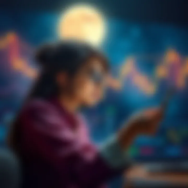 A woman analyzing financial charts with a glowing moon in the background, symbolizing the Moonlight Princess strategy for financial success.
