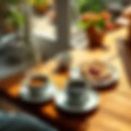 A cozy breakfast scene with a cup of coffee, a plate of toast, and fresh fruit on a sunny table.