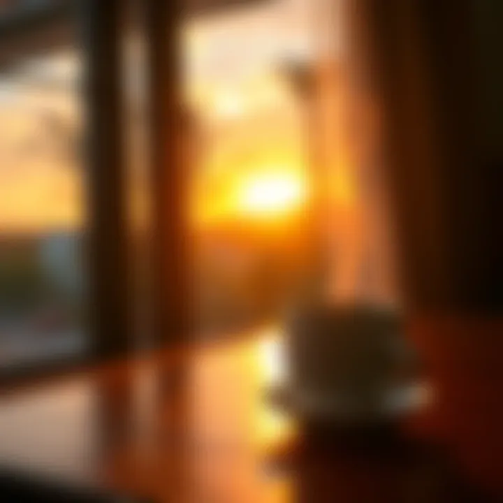 Morning coffee and sunrise A steaming cup of coffee on a table with sunlight streaming through a window, symbolizing a peaceful morning.