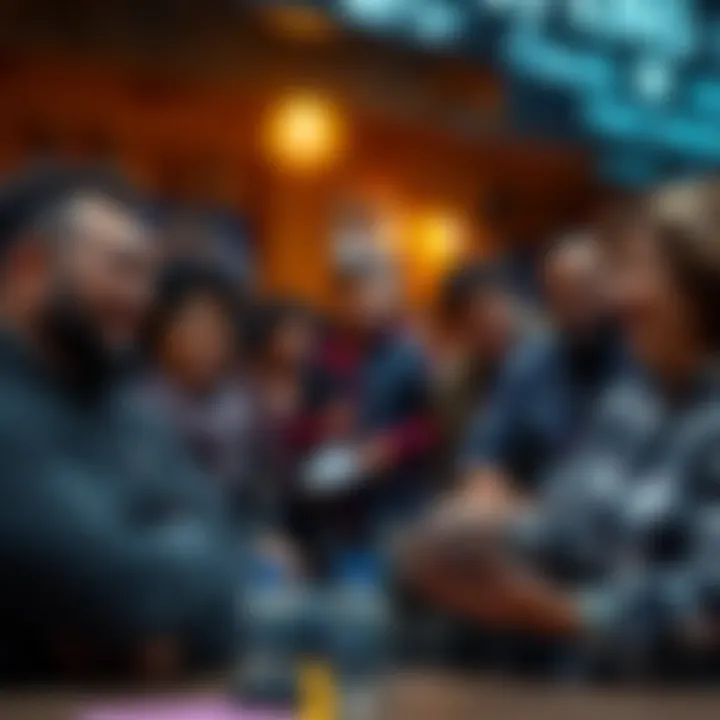 Locals gather to discuss a recent near miss in the community, showing mixed expressions of excitement and disappointment.