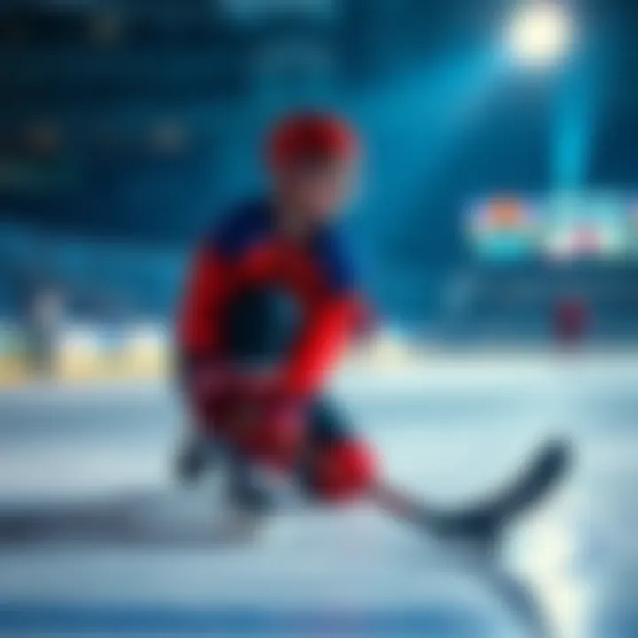 Morning Hockey Practice A young hockey player stretching on the ice during morning practice, focusing on goals for the day ahead.