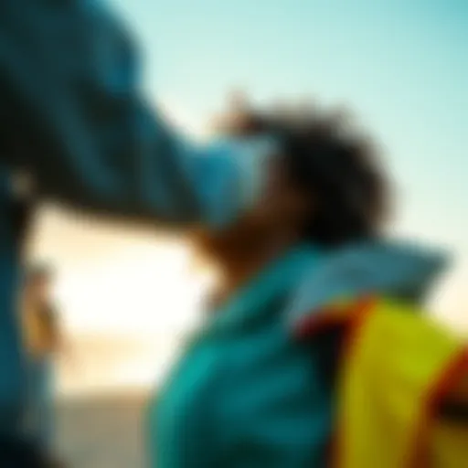 Morning Rescue A person receiving help from a stranger on a sunny morning, smiling with relief after a close call.